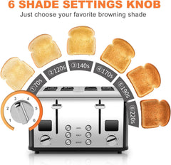 4 Slice Stainless Steel Toaster – Black | LED Display, Extra-Wide Slots, 6 Browning Settings, Defrost, Reheat & Cancel
