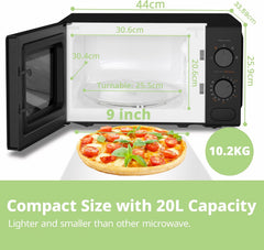 Black 20L Compact Microwave Oven 700W with Manual Control & Defrost