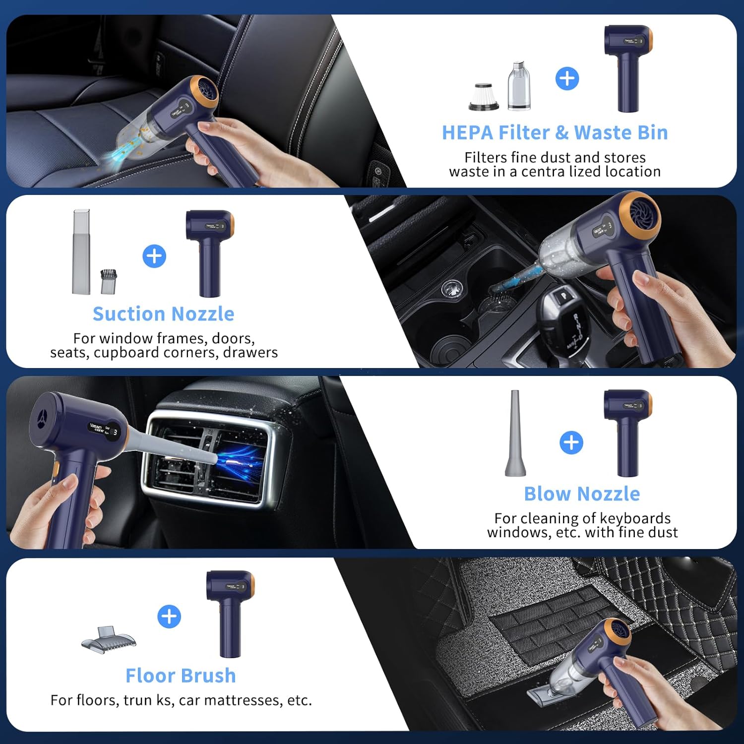 Handheld Car Vacuum Cleaner 15000Pa Powerful Cordless Blue Mini Cleaner