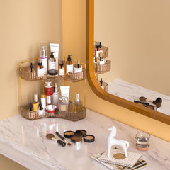 2-Tier Corner Bathroom & Vanity Organizer, Gold Makeup, Perfume & Counter Tray