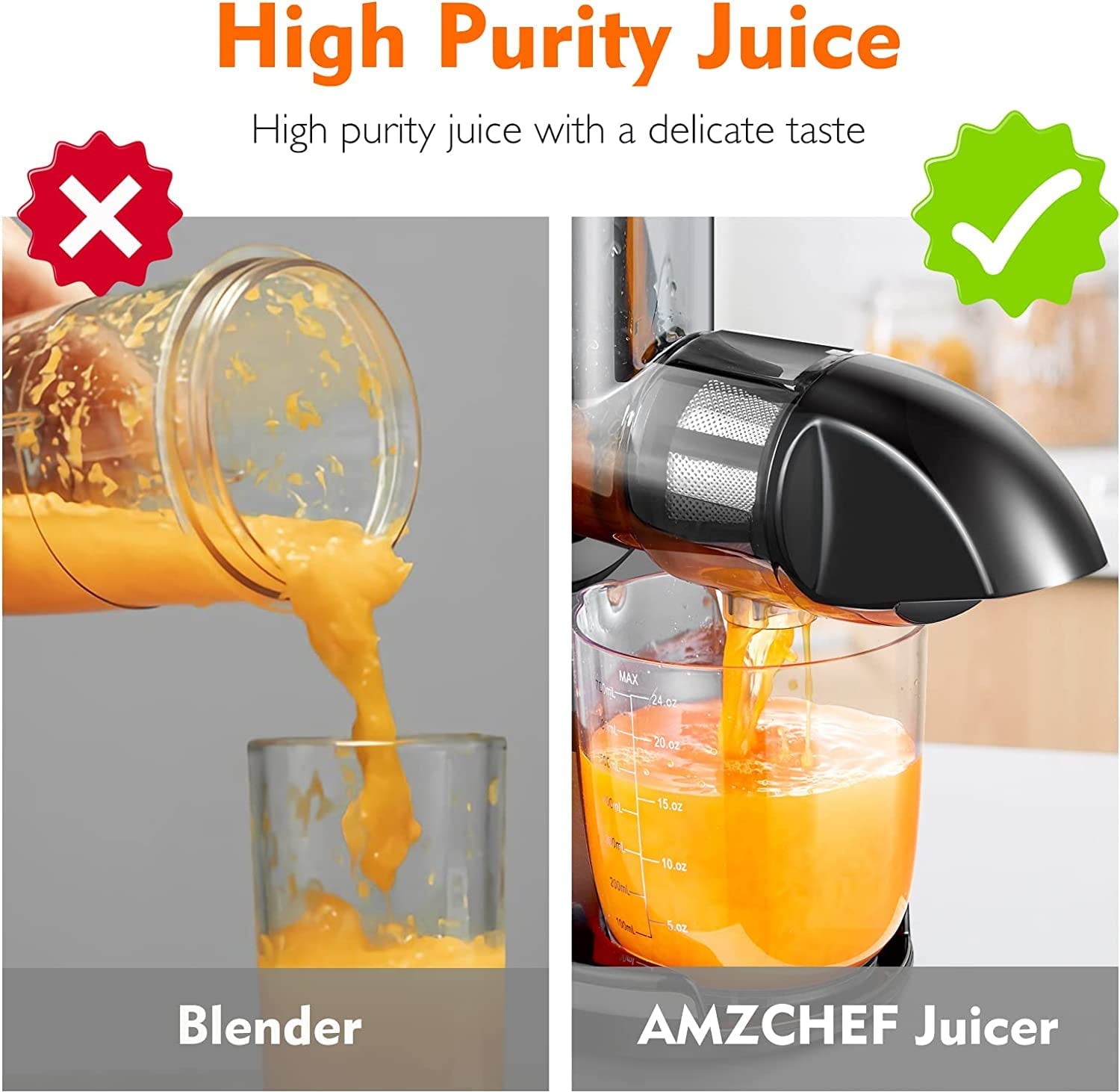 AMZCHEF Juicer Machines - Cold Press Slow Juicer - Masticating Juicer for Whole Fruits and Vegetables - Delicate Chew No Need to Filter - BPA Free Juice Extractor with 2 Cups and Brush - Black