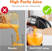 AMZCHEF Juicer Machines - Cold Press Slow Juicer - Masticating Juicer for Whole Fruits and Vegetables - Delicate Chew No Need to Filter - BPA Free Juice Extractor with 2 Cups and Brush - Black
