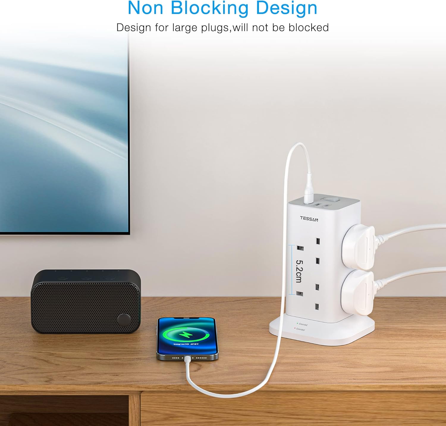 8-Way Tower Extension Lead 5M with USB-C & USB Ports, Surge Protected Power Strip