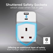Three Socket Fused Wall Plug Adaptor with USB A & C Ports