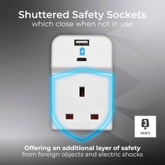 Three Socket Fused Wall Plug Adaptor with USB A & C Ports