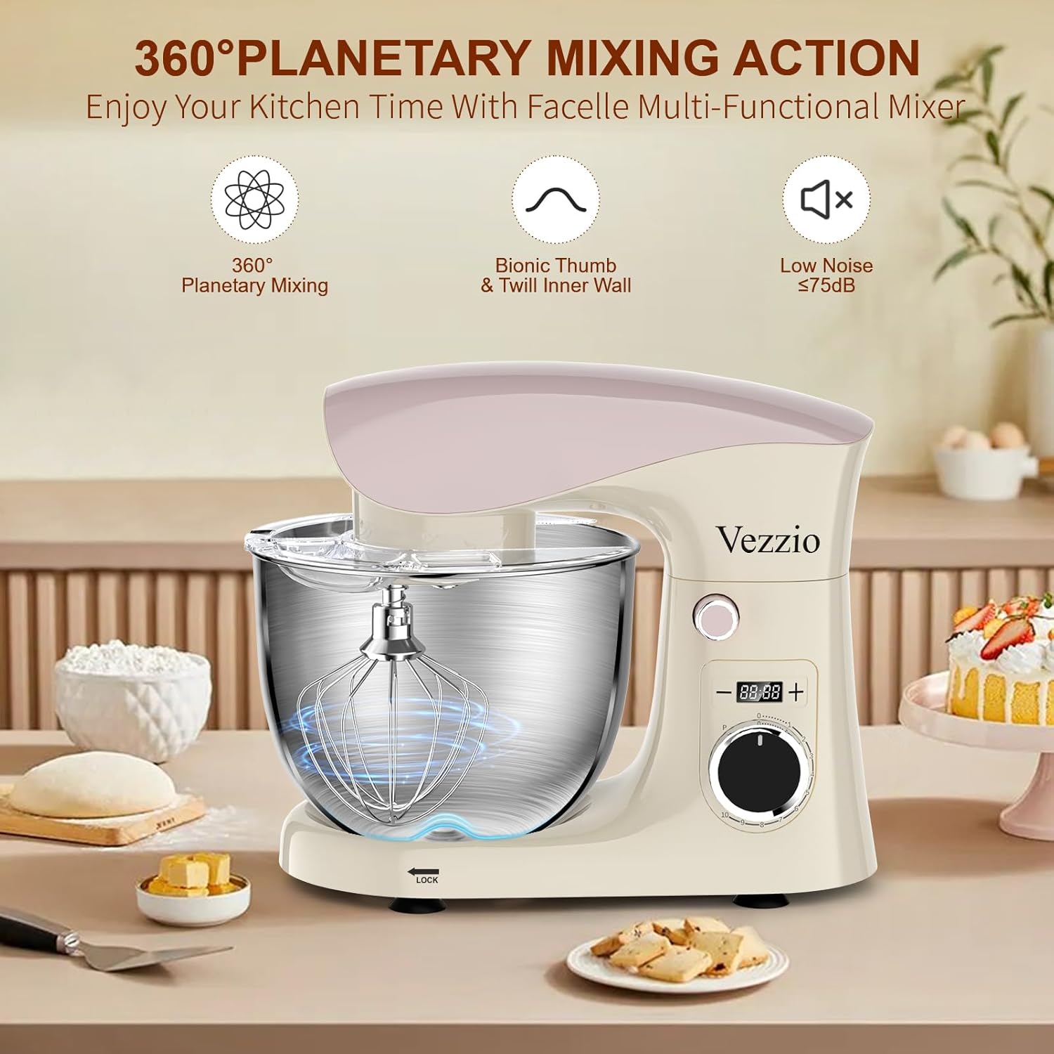 1500W Stand Mixer – 10-Speed 5.5L Dough Mixer for Baking, Lightweight & Easy to Use Food Mixer for Cakes & Home Cooking – Pink White
