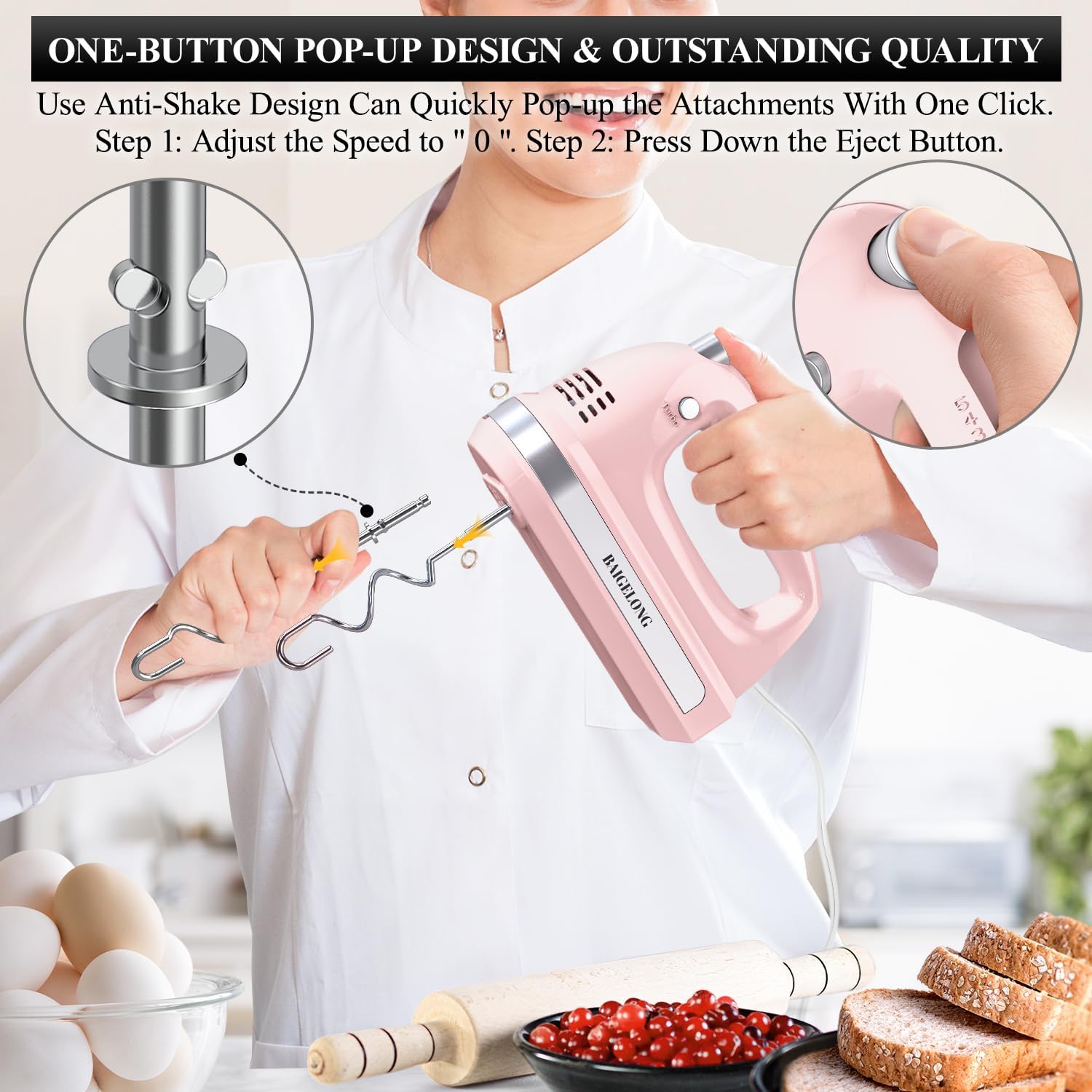 300W Hand Electric Mixer – 5 Speeds + Turbo, 5 Stainless Steel Attachments, Pink, Ultra Power Kitchen Baking Blender
