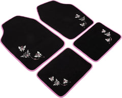 Universal Car Floor Mats Set of 4 – Black with Pink Edging & Butterfly Design
