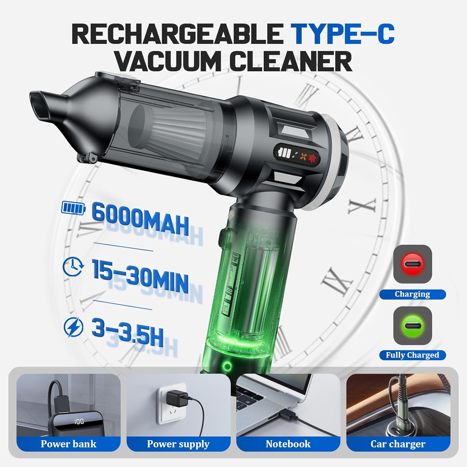 Handheld Vacuum Cleaner 25000Pa Cordless Mini Hoover with LED Display