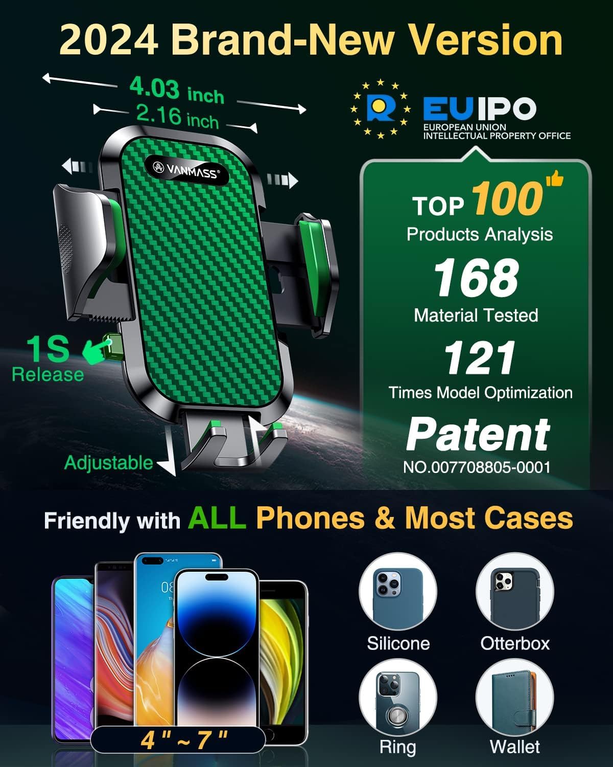 VANMASS 2025 Best Car Phone Holder Green – Rotatable Suction & Clip