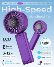 Handheld Fan, Portable Fan with 4000mAh Rechargeable Battery, LED Display Hand Fan with 6 Speeds, Mini Fan 180° Foldable for Home Office Travel Outdoor Bedroom