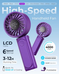 Handheld Fan, Portable Fan with 4000mAh Rechargeable Battery, LED Display Hand Fan with 6 Speeds, Mini Fan 180° Foldable for Home Office Travel Outdoor Bedroom