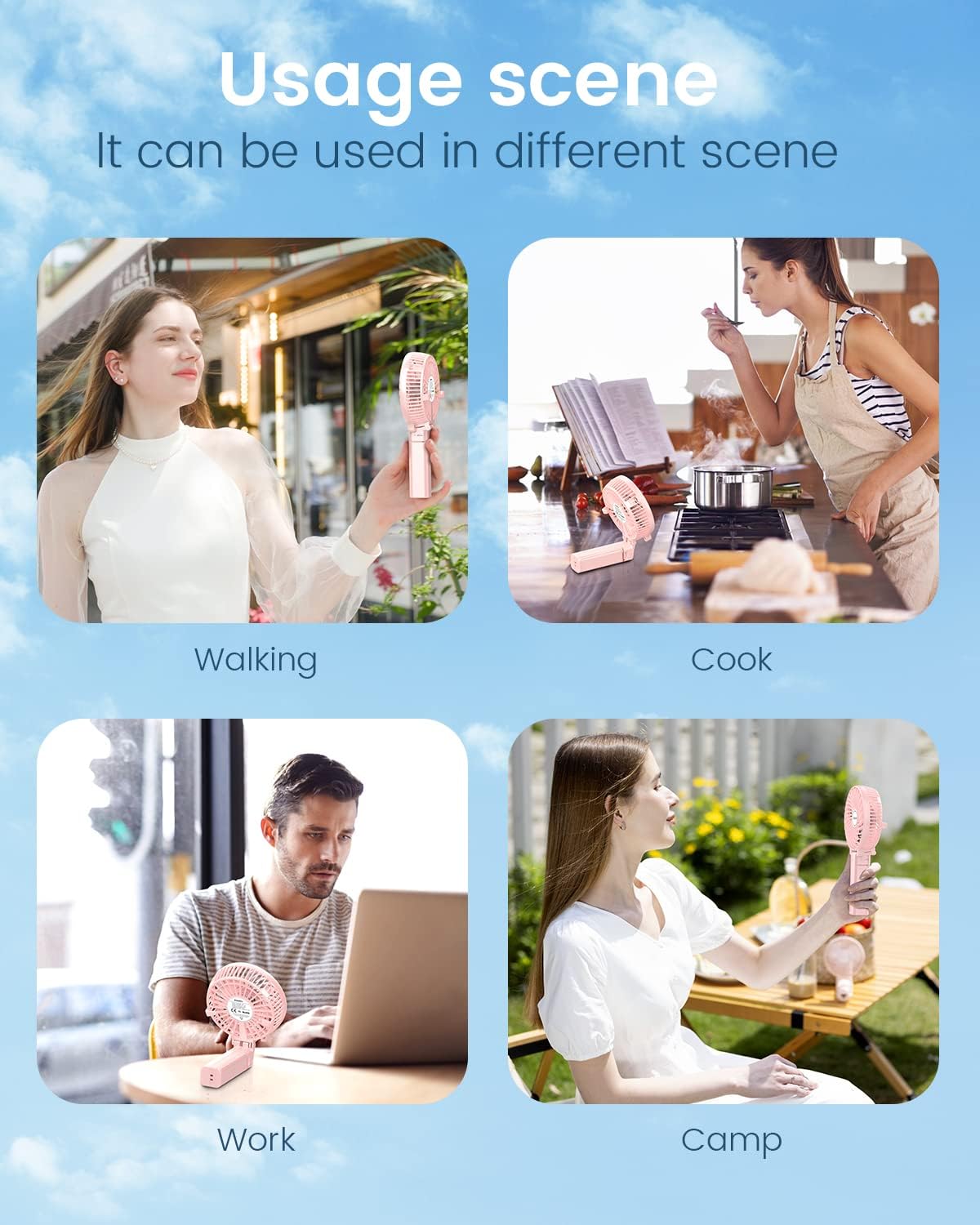 EasyAcc Handheld Fan USB Fans Portable Hand Fan 3 Speeds 180° Foldable with 6 Blades Personal Electric Mini Outdoor Fan with Rechargeable Battery Foldable Handle Desktop for Home Travel Outdoor - Pink