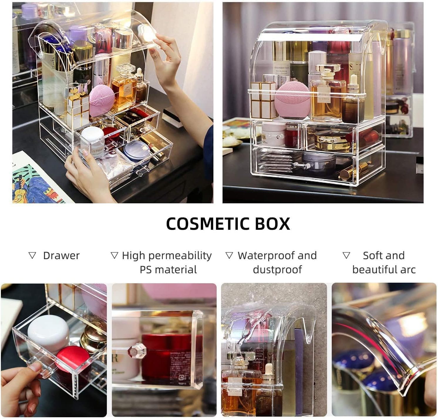 X-Large Acrylic Makeup Organiser Box with Drawers, Waterproof Dustproof Storage Case