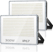 2 Pack 300W LED Floodlights Outdoor 30000LM IP67 Security Lights 7000K