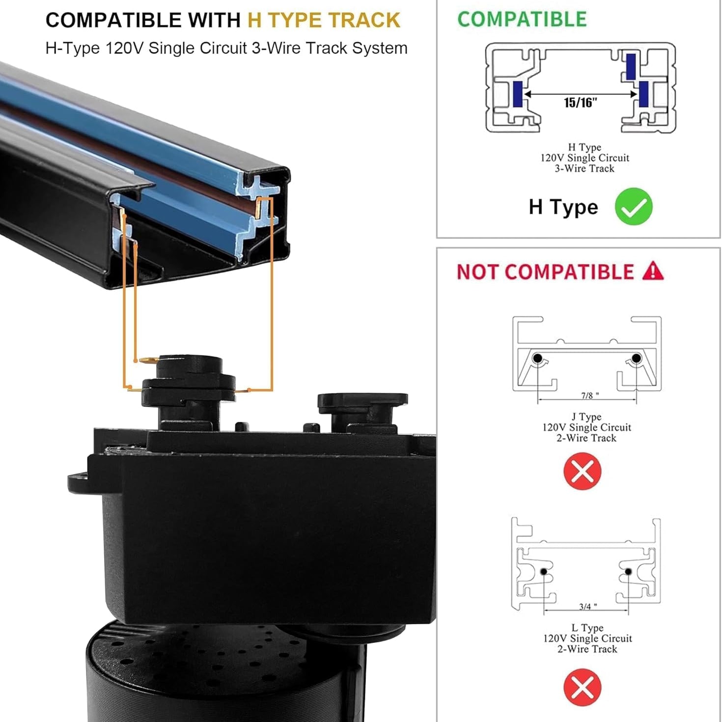 Track lighting system compatibility diagram with H-type track and ballast.