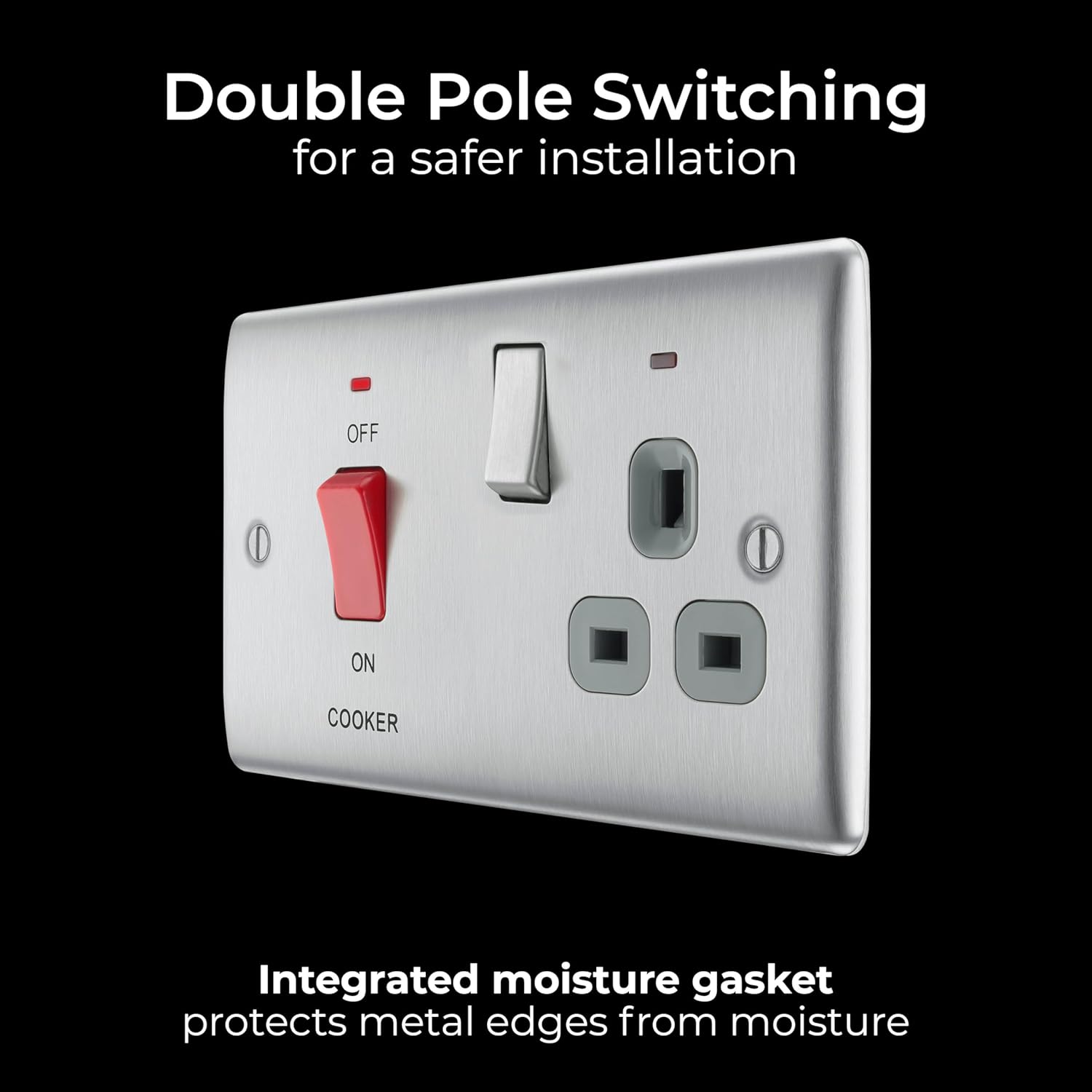 BG Electrical Cooker Switch with Socket and LED, Cooker Control Unit, Control Socket, Double Pole, Raised Profile, Round Edges, Nexus Metal, Brushed Steel, Grey Inserts, 45A, NBS70G