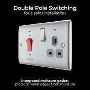BG Electrical Cooker Switch with Socket and LED, Cooker Control Unit, Control Socket, Double Pole, Raised Profile, Round Edges, Nexus Metal, Brushed Steel, Grey Inserts, 45A, NBS70G