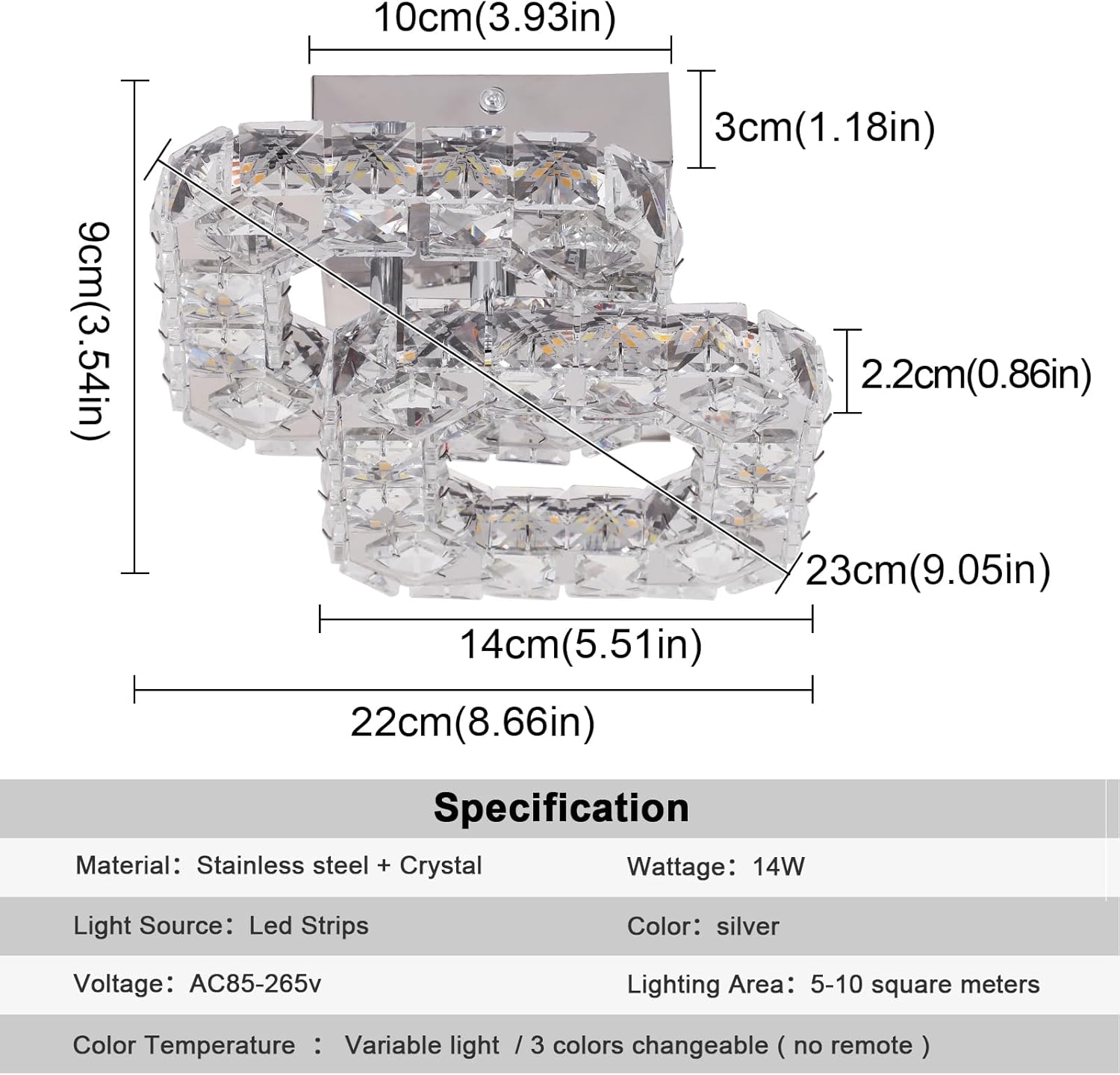 Crystal LED Ceiling Light Fixture, Square Flush Mount 3-Color Chandelier for Bedroom, Kitchen, Hallway