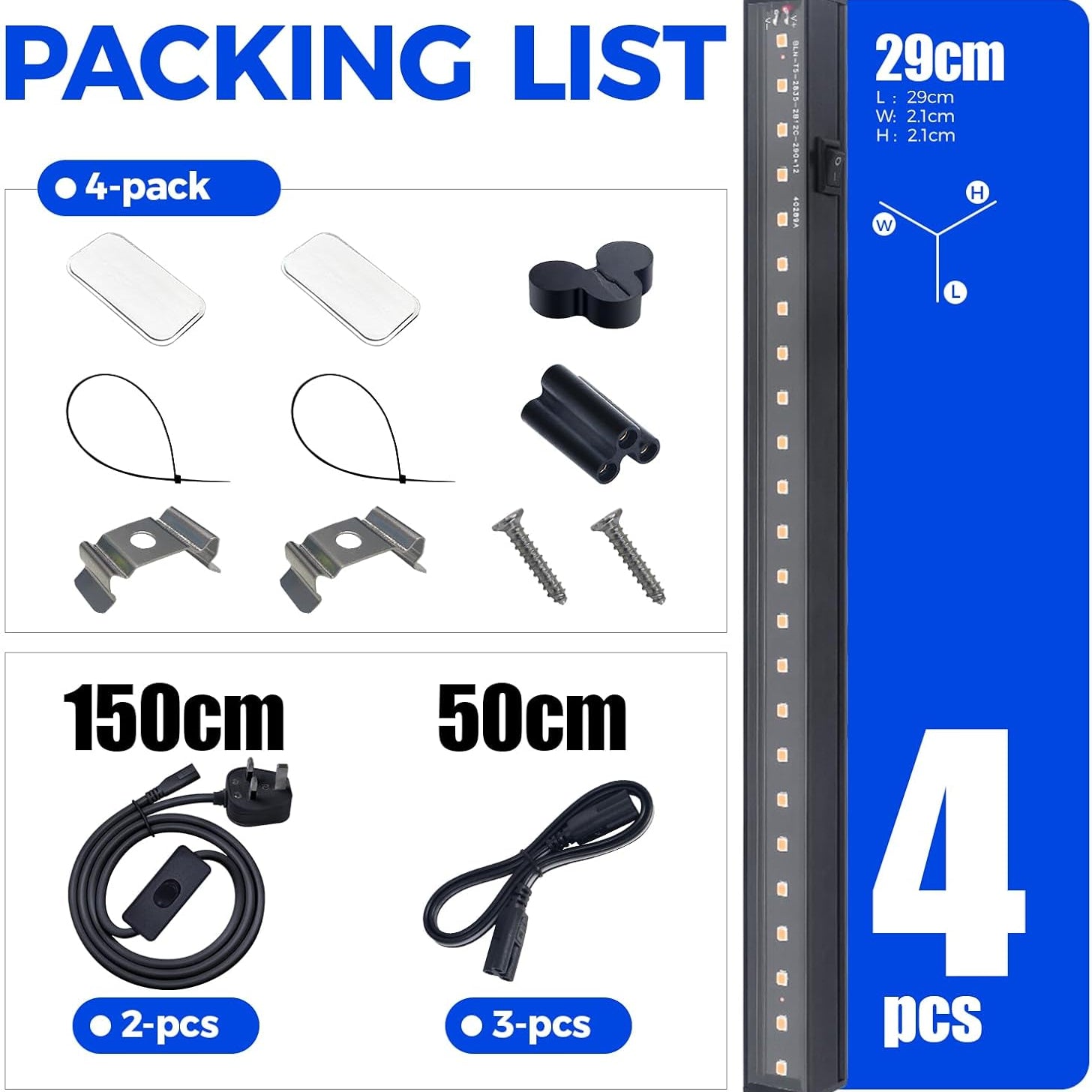 Packing list with LED light strip components and packaging details.