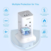 8-Way Tower Extension Lead 5M with USB-C & USB Ports, Surge Protected Power Strip