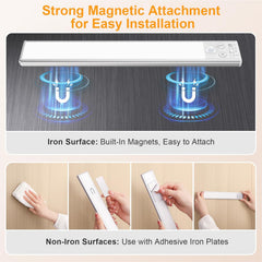 Product with magnetic attachment feature for easy installation on iron and non-iron surfaces.