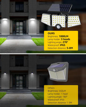 Solar light fixture with specifications displayed on a building exterior.