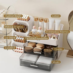 Makeup Organizer with Brush Holder – Skincare & Cosmetic Storage Box with Drawers