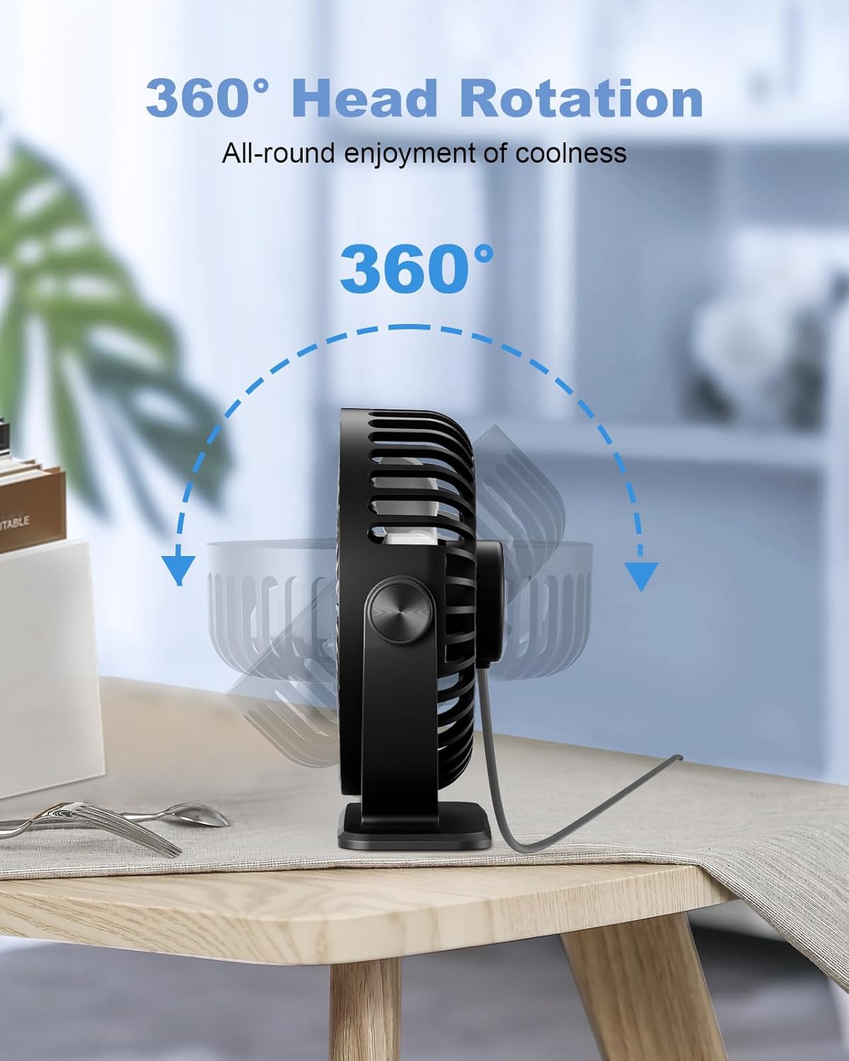TriPole Desk Fan, Portable USB Fan 3 Speeds Adjustable Powerful Mini Fans, Ultra Quiet 360° Rotatable Table Cooling, Electric Small Fans for Bedroom, Office, Library Desktop, Travel