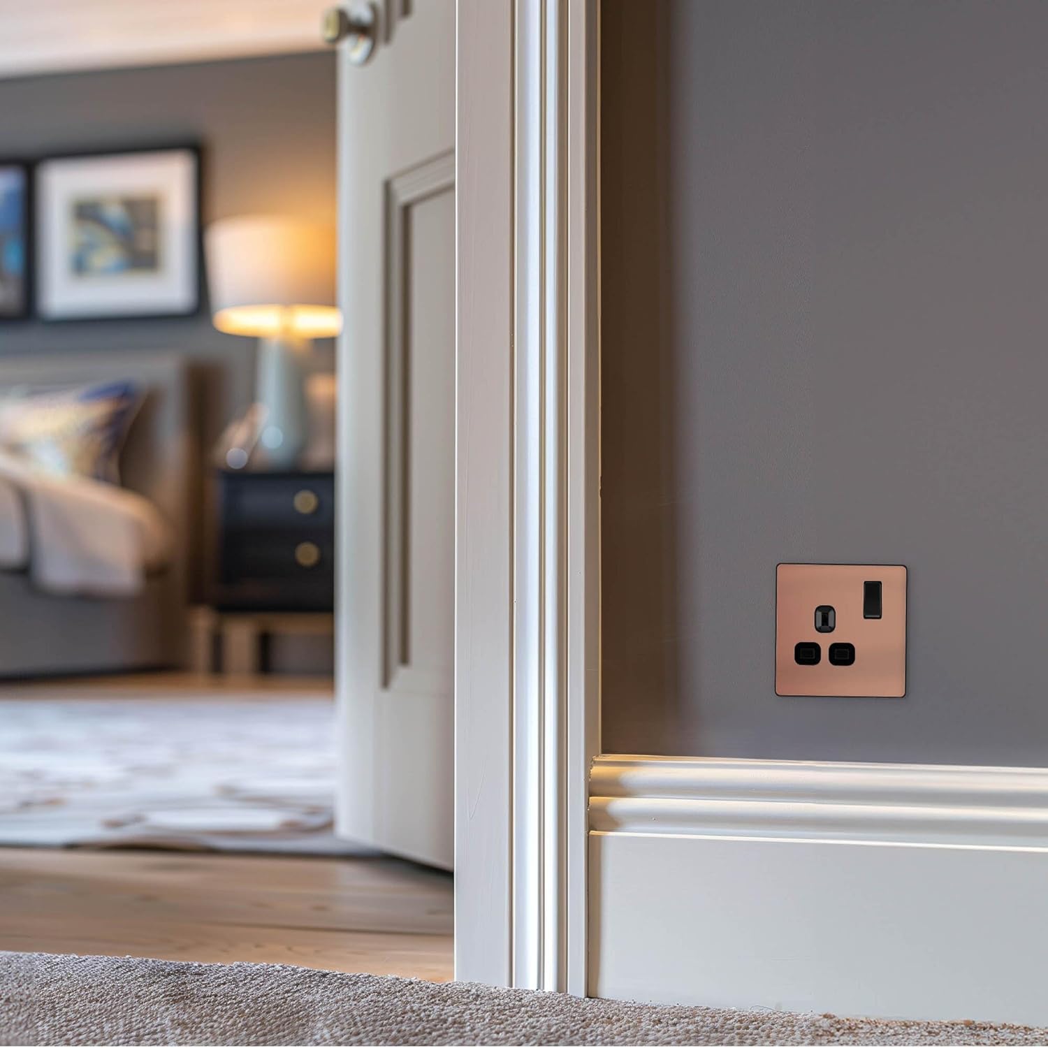 BG Electrical Single Switched Power Plug Wall Socket, Screwless Front Plate, Round Edges, Evolve, Polished Copper, 13A, PCDCP21B