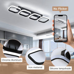 Modern ceiling light fixture with smartphone displaying control app, surrounded by close-up details of material and design.