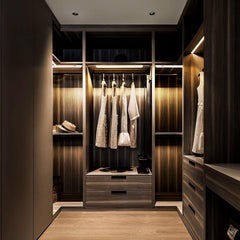 Modern walk-in closet with wooden shelves and clothing