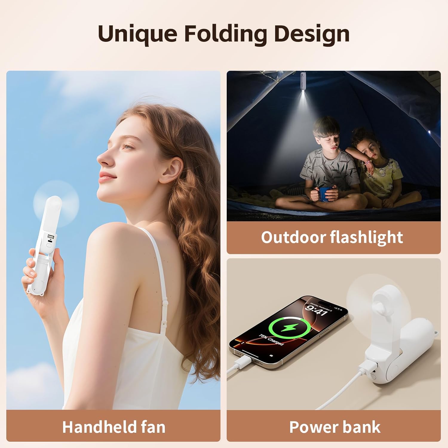 Mini Handheld Fan,USB Rechargeable 3 IN 1 Personal Cooler Fans with Power Bank,LED Flashlight,Small Foldable Pocket Fan-Travel & Emergency Essentials for Outdoor Portable Cooling Fan (White)