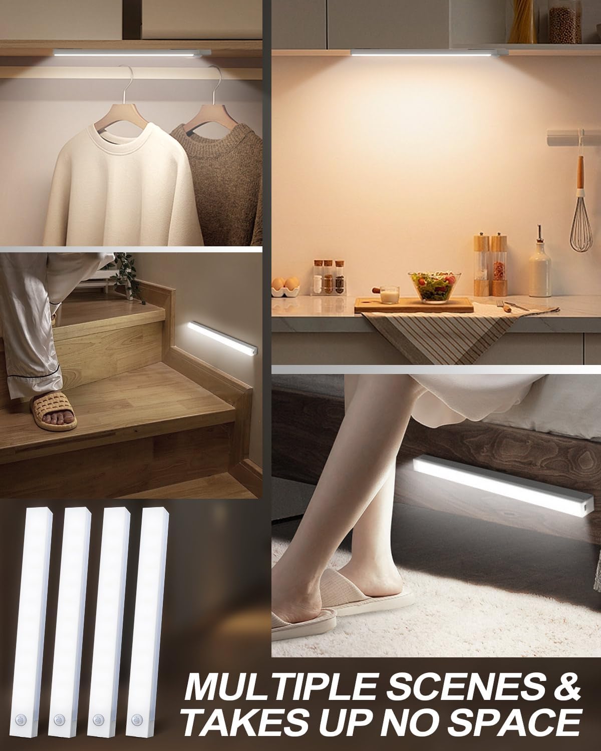 4 Pack Under Cabinet LED Sensor Night Light 4-Mode, USB Type-C, Rechargeable