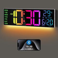 Large Digital LED Wall Clock – Bluetooth, Remote, Alarm, RGB, Temp & Auto DST