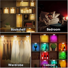 Under Cabinet LED Puck Lights Battery Powered Stick-On RGB Kitchen Closet Lighting with Remote 2 Pack