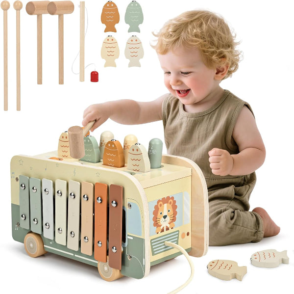 Vanplay Montessori Wooden Toy 7-in-1 – Hammer, Xylophone & Fishing Game for Toddlers