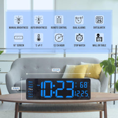 “16'' Digital LED Wall Clock – Remote, Big Digits, Auto-Dimming, 2 Alarms, Temp