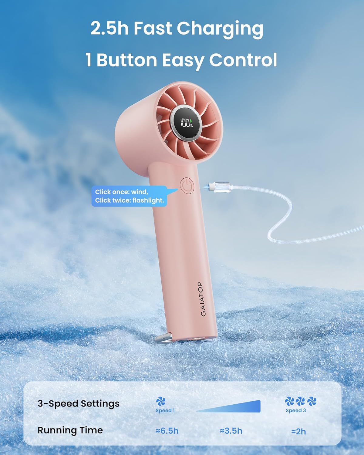 Mini Turbo Handheld Fan with LED Torch Pink