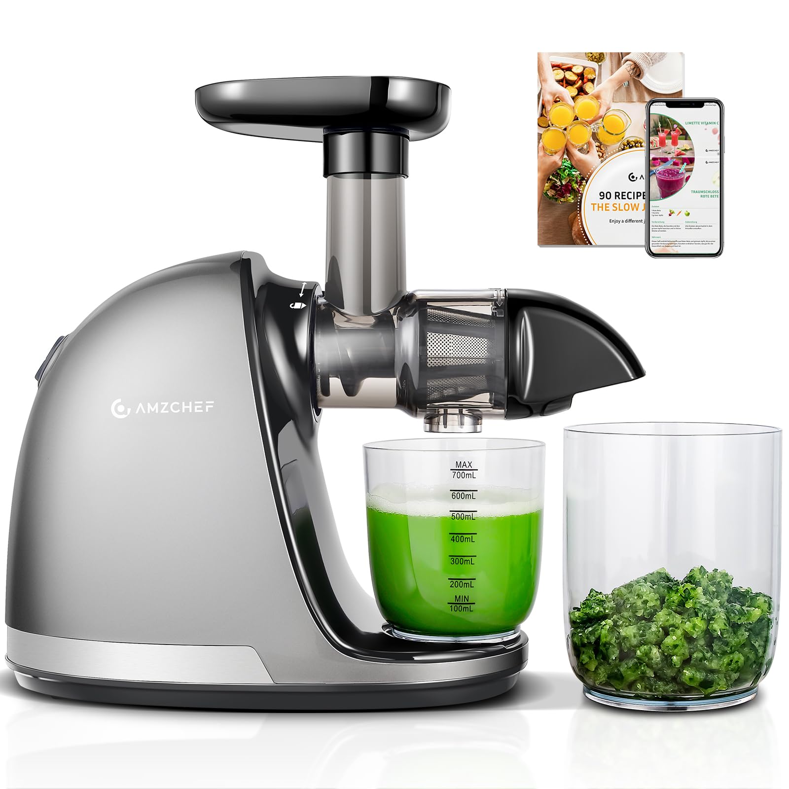 AMZCHEF Juicer Machines - Cold Press Slow Juicer - Masticating Juicer for Whole Fruits and Vegetables - Delicate Chew No Need to Filter - BPA Free Juice Extractor with 2 Cups and Brush - Black