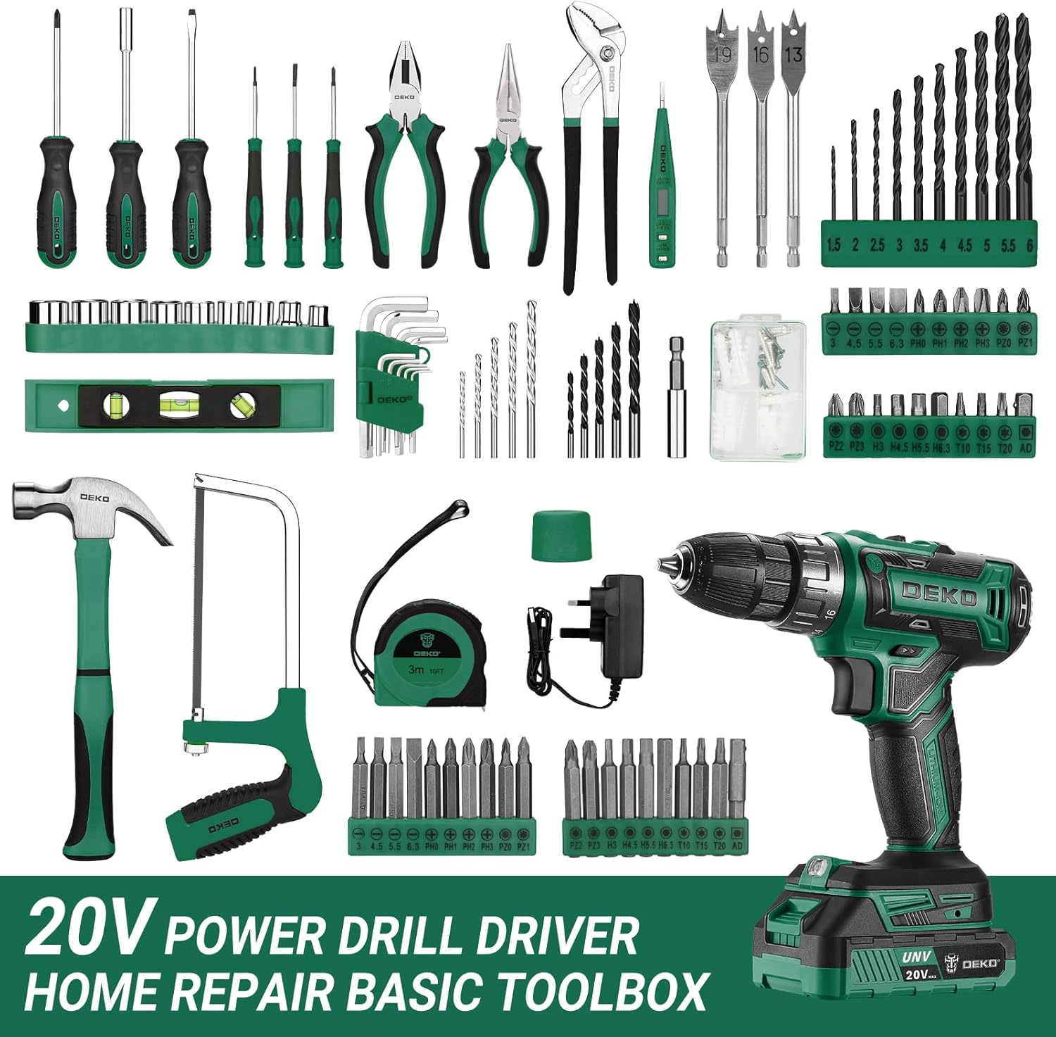 DEKO 20V Power Drill Tool Box with Battery Electric Drill Driver for Men Home Hand Repair Basic Toolbox Tools Set, 186 Pieces (Green)