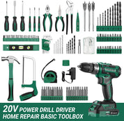 DEKO 20V Power Drill Tool Box with Battery Electric Drill Driver for Men Home Hand Repair Basic Toolbox Tools Set, 186 Pieces (Green)