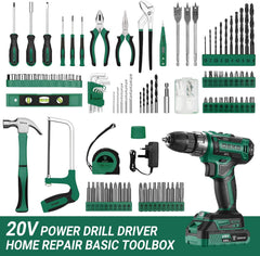 DEKO 20V Power Drill Tool Box with Battery Electric Drill Driver for Men Home Hand Repair Basic Toolbox Tools Set, 186 Pieces (Green)