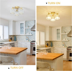 Gold Ceiling Lights for Living Room, 3-Light Modern Crystal Chandelier Ceiling Lamp with Glass Lampshade