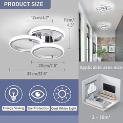 Ceiling light fixture with dimensions, energy saving, eye protection, and cool white light features, shown in a room setting.