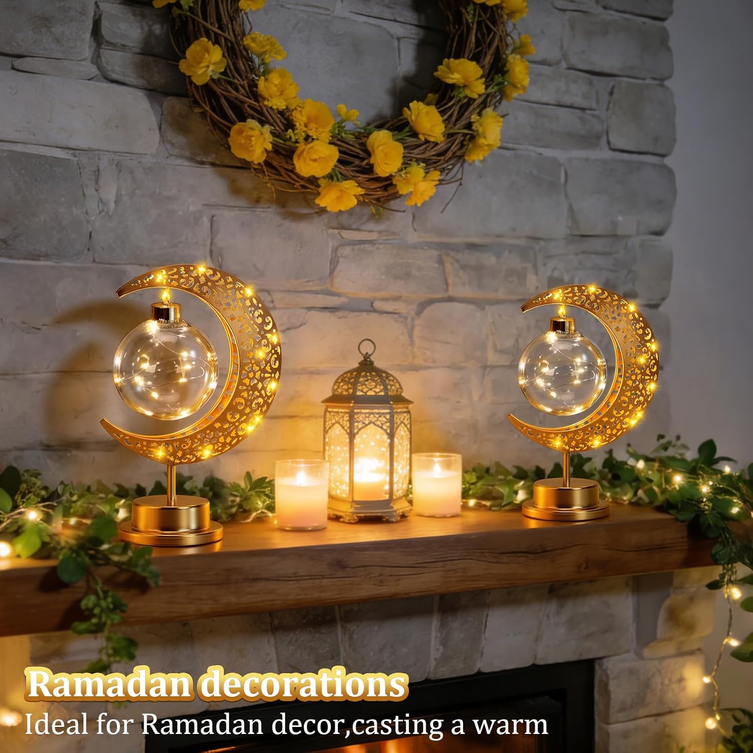 Ramadan Crescent Moon Table Lamp – Battery Operated Metal Half Moon LED Night Light with Star Design, Eid Bedside Decoration for Home & Bedroom