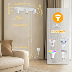 Smart light bulb set with dimensions and color options displayed in a living room setting.