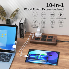 Wood Grain 6-Way Extension Lead with 4 USB (2A+2C), Surge Protection, 2M – Brown
