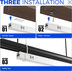 Installation guide for a LED strip light with options for double tapes, clips + screws, and cable ties.