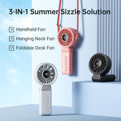 JISULIFE Handheld Fan Life7 – Ultimate Flexibility: High-Power Motor, LED Display, 5000mAh Rechargeable, 5-Speed, Foldable Design, 3-IN-1 Portable Hand/Desk/Neck Fan for Travel, Gift for Women (Pink)